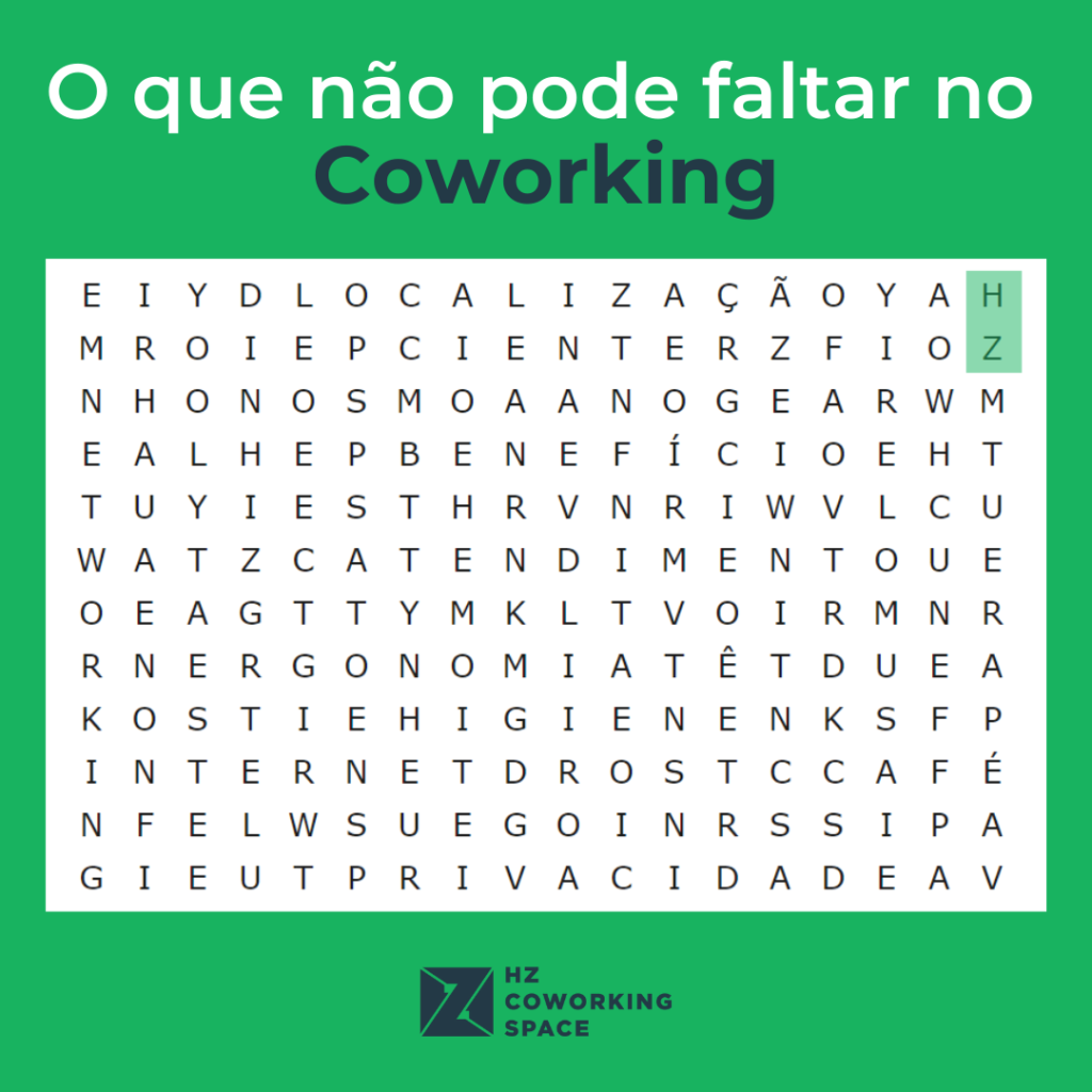 Desafio HZ: encontre no caça-palavras aquilo que não pode faltar no  coworking