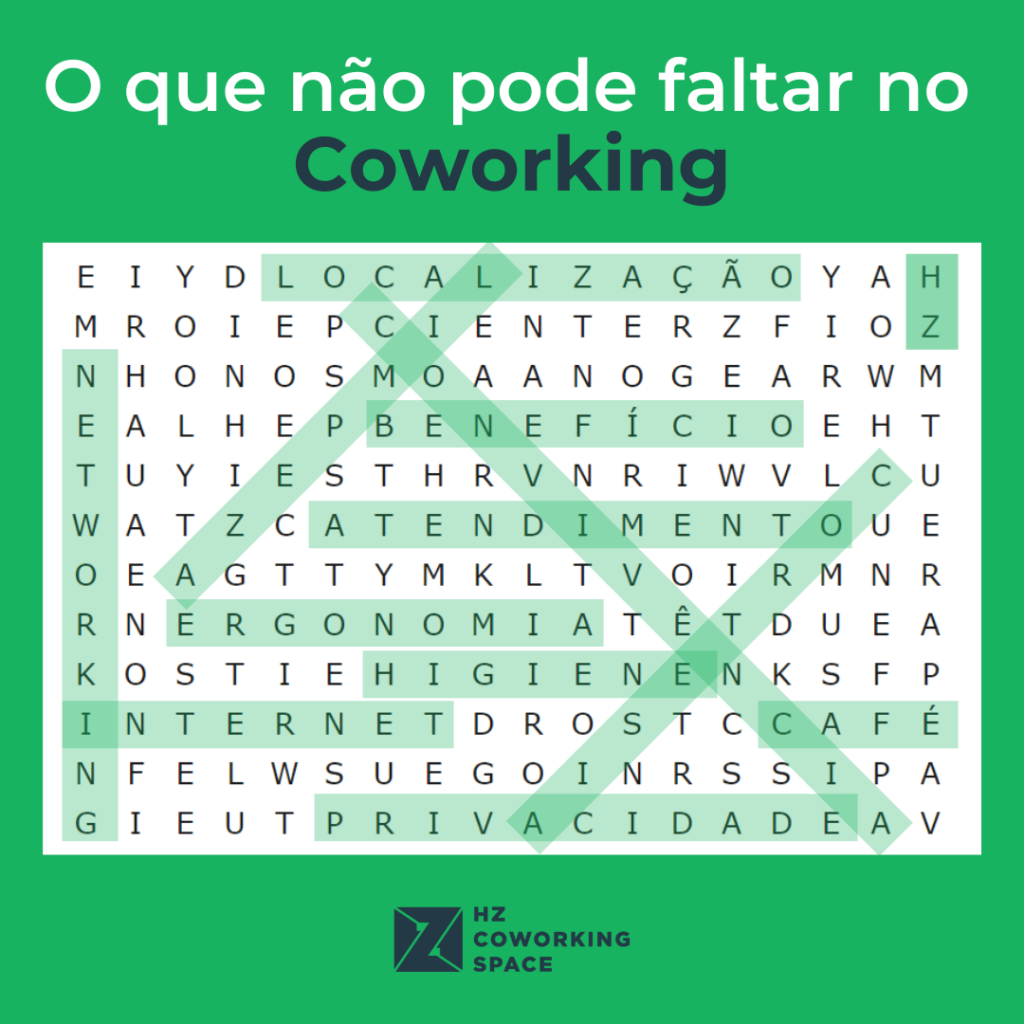 Desafio HZ: encontre no caça-palavras aquilo que não pode faltar no  coworking